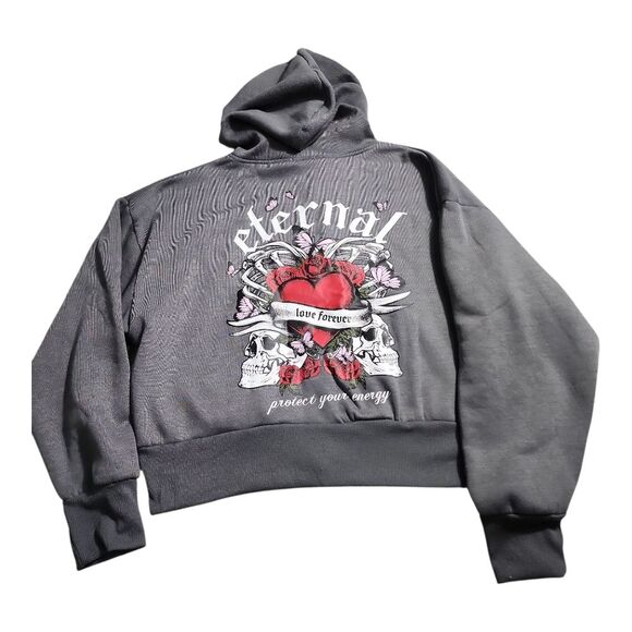 Girl's Large Gray Zip-Up Hoodie with Skull Design Allover Back Print Streetwear - Picture 8 of 8